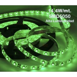 Tira LED 5 mts Flexible 72W 300 Led SMD 5050 IP20 Verde Alta Luminosidad